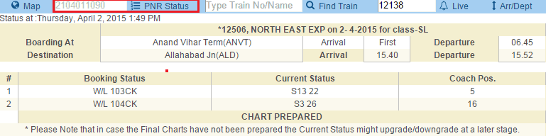 Indianrail train PNR status check