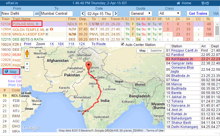 Indianrail train route on map