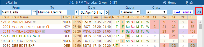 Indianrail train search by via station